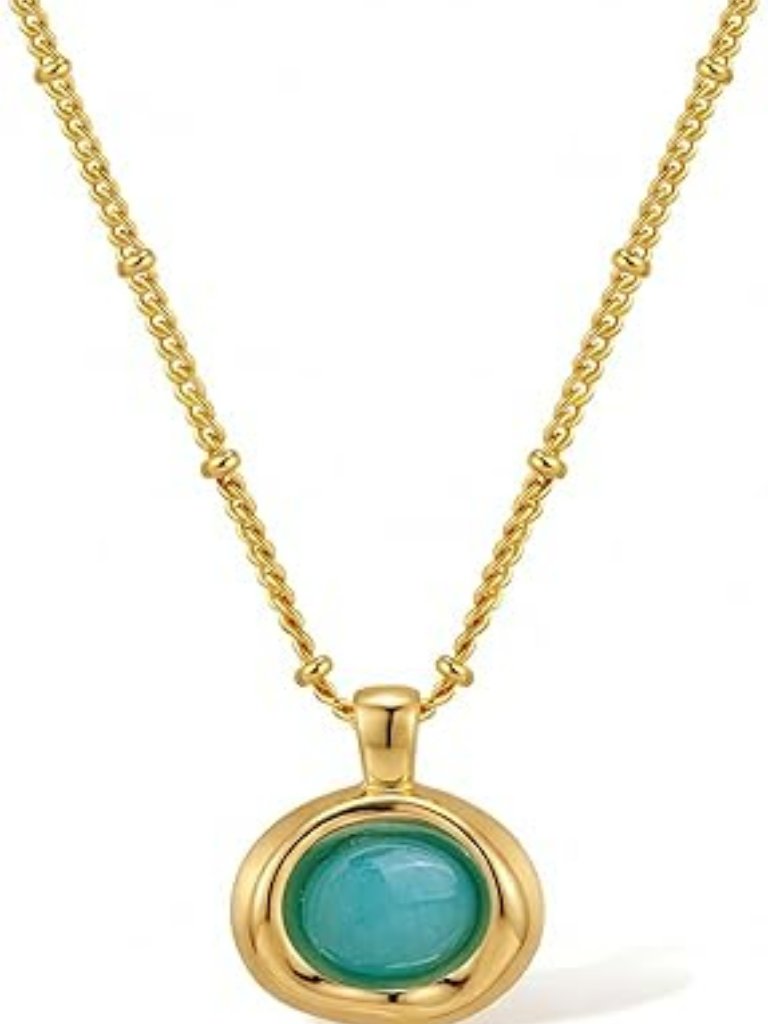 New Gold W Turquoise Stone Pendant Necklace For Women Chunky Gemstone Dangle
